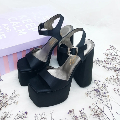 16 Cm Platform Heeled Black Color Satin Evening Dress & Engagement Shoes