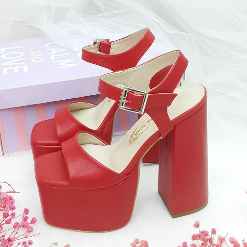 16 cm Platform Heeled Slightly Inclined Red Color Single Strap Sandals Engagement & Henna Shoes