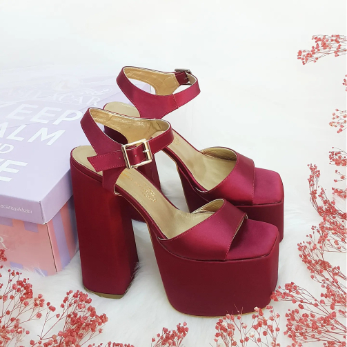 16 Cm Platform Heel Burgundy Color Satin Women's Evening Dress Shoes Engagement Shoes