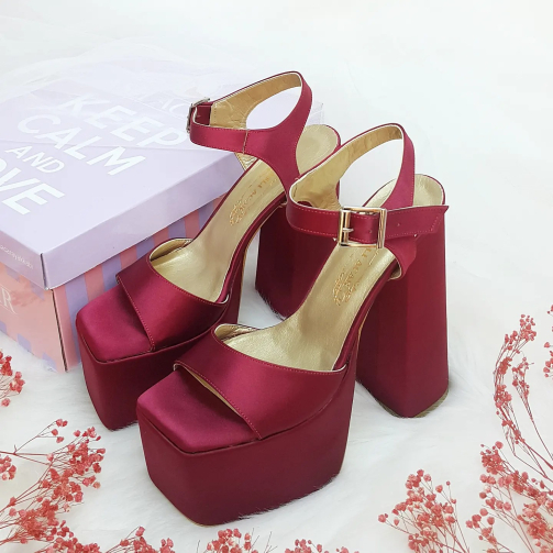 16 Cm Thick Heel Burgundy Color Satin Women's Evening Dress Shoes Engagement Shoes 