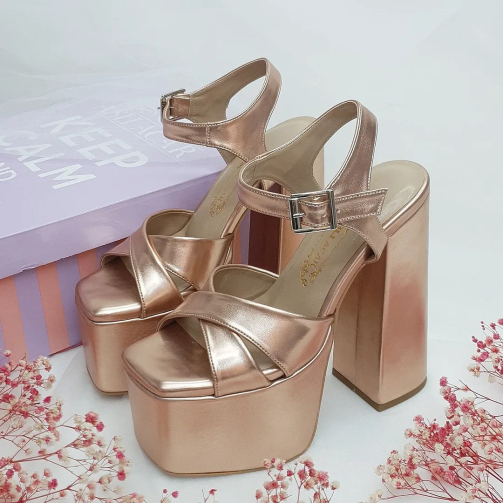 16 cm High Thick Heeled Slightly Sloping Platform Copper Color Women's Evening Shoes