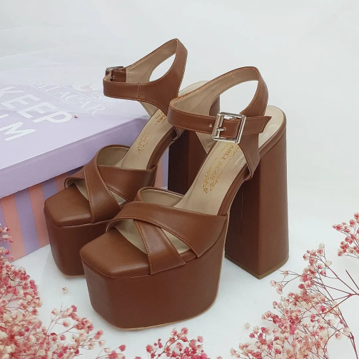 16 cm High Thick Heeled, Slightly Sloping Platform, Brown Color Women's Evening Shoes