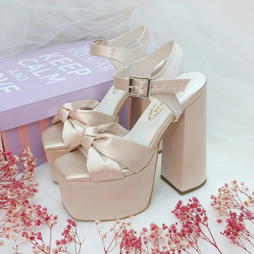 16 cm High Heeled Slightly Inclined Thick Platform Salmon Color Satin Women's Engagement Shoes