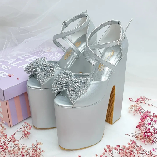 20 cm High, Thick Heel, Slightly Sloping, Silver Color Women's Very Comfortable Engagement Shoes