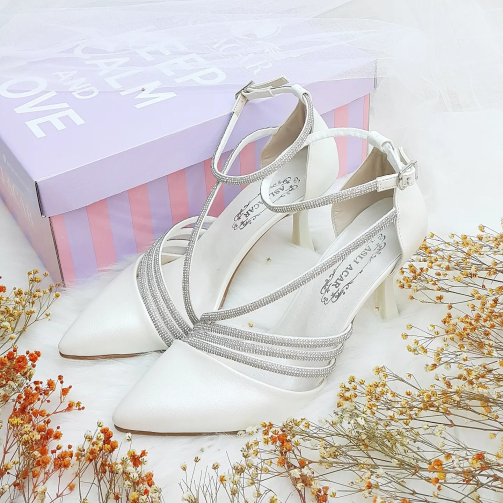 9 Cm Thin Heeled Stone Detailed Stiletto Pearl Color Bridal Shoes