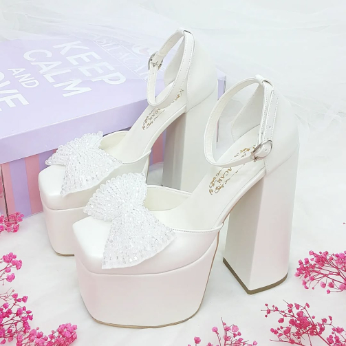 Very Comfortable Bridal Shoes with Slightly Curved Bow Detail and 16 Inch High Heels