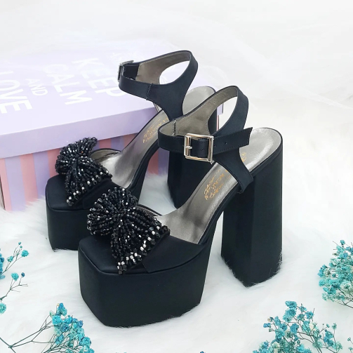 High Platform Heeled Black Satin Women's Evening Dress Shoes with Bow Detail