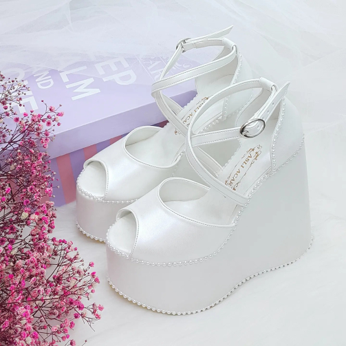 15 Cm Wedge Heel Pearl Color Special Design Comfortable Bridal Shoes