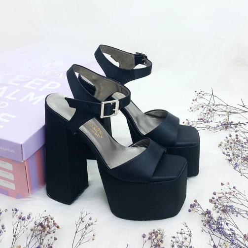 16 Cm Thick Heeled Black Satin Comfortable Women's Evening Dress Shoes Engagement Shoes